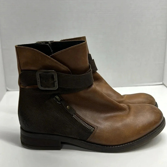 Fly London Ankle Boots Booties Leather Buckle Side Zip Tan Brown Size 40 9 - 9.5 - Picture 1 of 11